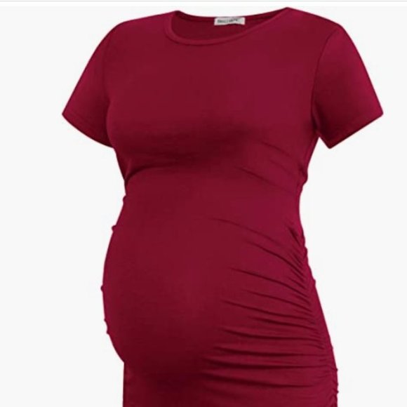 LARGE WINE Smallshow Women's Short Sleeve Maternity Dress Ruched - Picture 1 of 4